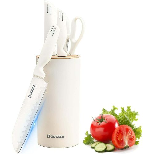 Knife Set for Kitchen, 5-Pieces White Cooking Knife Set with Storage Knife Holder, Sharp Stainless Steel Knife Block Set for Cutting Slicing Dicing Ch Knife Set for Kitchen, 5-Pieces White Cooking Knife Set with Storage Knife Holder, Sharp Stainless Steel Knife Block Set for Cutting Slicing Dicing Ch